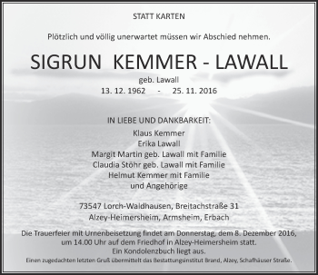Traueranzeige von Sigrun Kemmer-Lawall von Trauerportal Rhein Main Presse