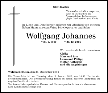 Traueranzeige von Wolfgang Johannes von Trauerportal Rhein Main Presse