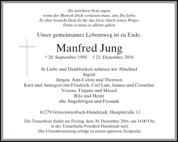 Traueranzeige von Manfred Jung von  Usinger Anzeiger