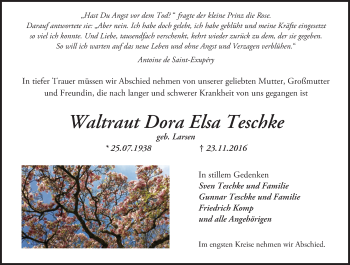 Traueranzeige von Waltraud Dora Elsa Teschke von  Kreisanzeiger