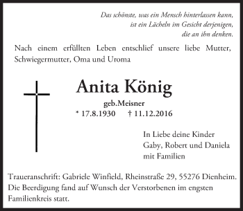 Traueranzeige von Anita König von Trauerportal Rhein Main Presse