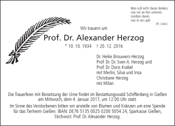 Traueranzeige von Alexander Herzog von  Gießener Anzeiger