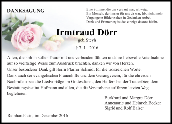 Traueranzeige von Irmtraud Dörr von  Gießener Anzeiger