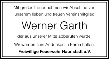 Traueranzeige von Werner Garth von  Usinger Anzeiger
