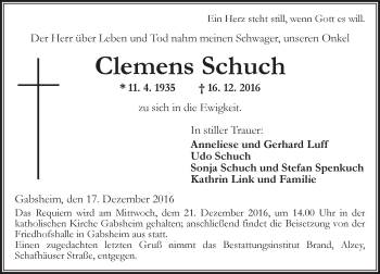 Traueranzeige von Clemens Schuch von Trauerportal Rhein Main Presse