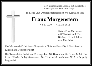 Traueranzeige von Franz Morgenstern von  Gießener Anzeiger