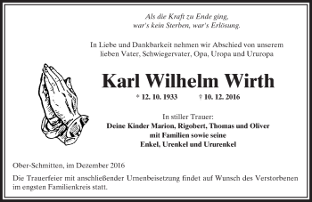 Traueranzeige von Karl Wilhelm Wirth von  Kreisanzeiger