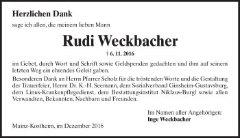 Traueranzeige von Rudi Weckbacher von Trauerportal Rhein Main Presse