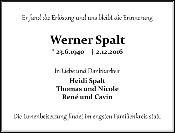 Traueranzeige von Werner Spalt von Trauerportal Echo Online