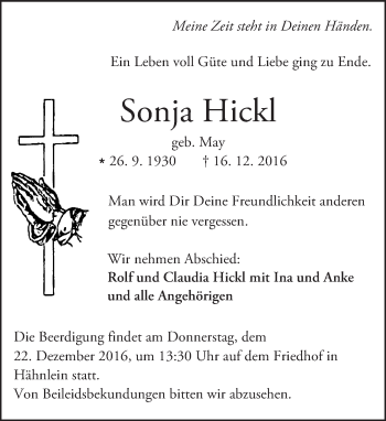 Traueranzeige von Sonja Hickl von Trauerportal Echo Online
