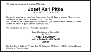 Traueranzeige von Josef Karl Pitka von VRM Trauer