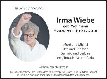 Traueranzeige von Irma Wiebe von Trauerportal Rhein Main Presse