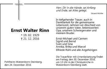 Traueranzeige von Ernst Walter Rinn von  Gießener Anzeiger