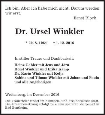 Traueranzeige von Ursel Winkler von  Gießener Anzeiger