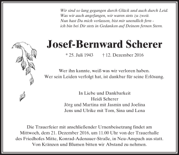 Traueranzeige von Josef-Bernward Scherer von  Usinger Anzeiger Traueranzeige von Josef-Bernward Scherer von  Usinger Anzeiger