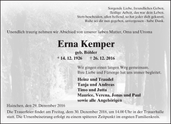 Traueranzeige von Erna Kemper von  Kreisanzeiger