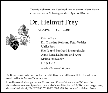 Traueranzeige von Helmut Frey von Trauerportal Rhein Main Presse