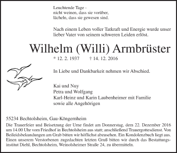Traueranzeige von Wilhelm Armbrüster von Trauerportal Rhein Main Presse