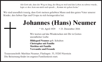 Traueranzeige von Johannes Neumer von Trauerportal Rhein Main Presse