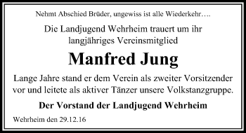 Traueranzeige von Manfred Jung von  Usinger Anzeiger