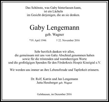 Traueranzeige von Gaby Lengemann von  Gelnhäuser Tageblatt