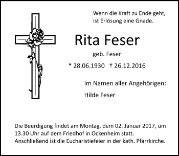 Traueranzeige von Rita Feser von Trauerportal Rhein Main Presse