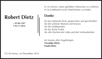 Traueranzeige von Robert Dietz von Trauerportal Rhein Main Presse