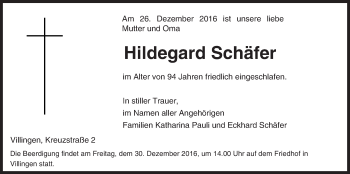 Traueranzeige von Hildegard Schäfer von  Gießener Anzeiger