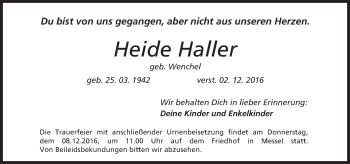 Traueranzeige von Heide Haller von Trauerportal Echo Online