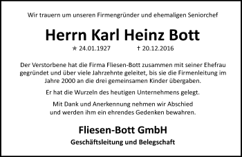 Traueranzeige von Karl Heinz Bott von Trauerportal Rhein Main Presse