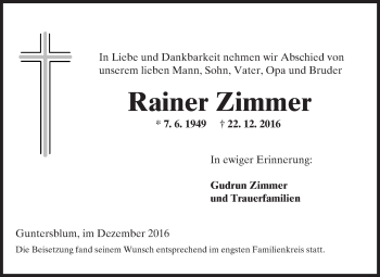 Traueranzeige von Rainer Zimmer von Trauerportal Rhein Main Presse