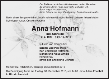 Traueranzeige von Anna Hofmann von  Kreisanzeiger