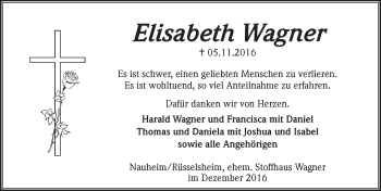 Traueranzeige von Elisabeth Wagner von Trauerportal Rhein Main Presse