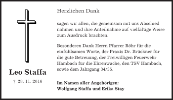 Traueranzeige von Leo Staffa von Trauerportal Echo Online