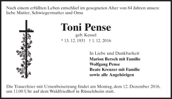 Traueranzeige von Toni Pense von Trauerportal Rhein Main Presse