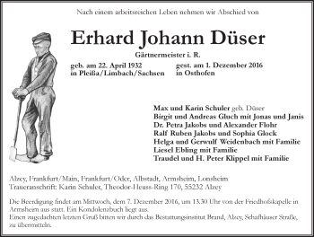 Traueranzeige von Erhard Johann Düser von Trauerportal Rhein Main Presse