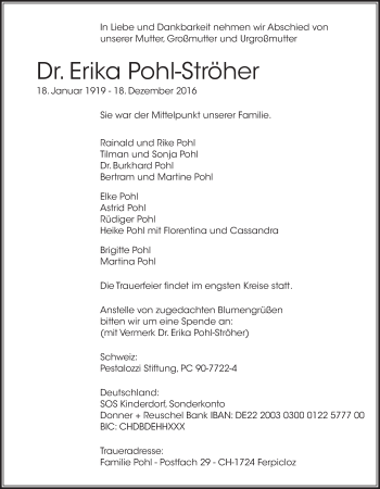 Traueranzeige von Erika Pohl-Ströher von Trauerportal Echo Online