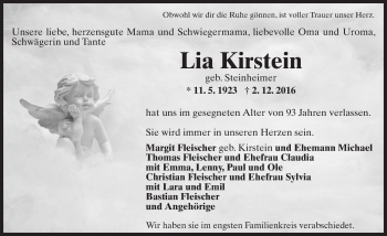 Traueranzeige von Lia Kirstein von Trauerportal Rhein Main Presse