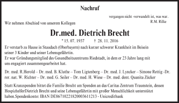 Traueranzeige von Dietrich Brecht von Trauerportal Echo Online