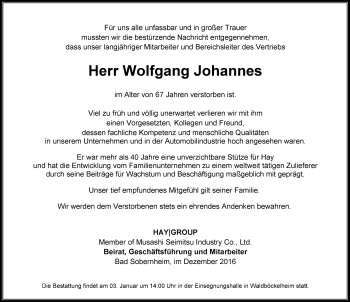 Traueranzeige von Wolfgang Johannes von Trauerportal Rhein Main Presse