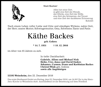 Traueranzeige von Käthe Backes von Trauerportal Rhein Main Presse