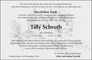 Traueranzeige von Tilly Schroth von  Kreisanzeiger