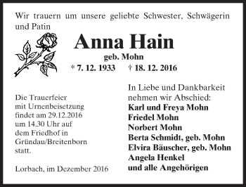 Traueranzeige von Anna Hain von  Kreisanzeiger