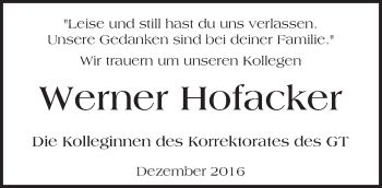 Traueranzeige von Werner Hofacker von  Gelnhäuser Tageblatt