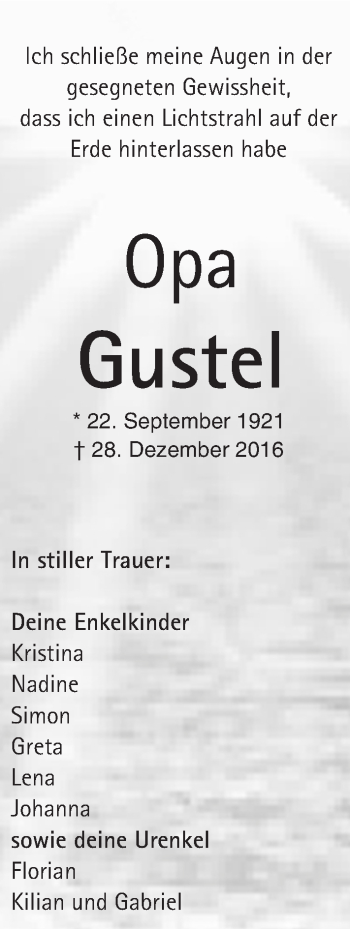 Traueranzeige von Opa Gustel  von Trauerportal Rhein Main Presse