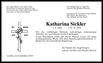 Traueranzeige von Katharina Sickler von  Gießener Anzeiger