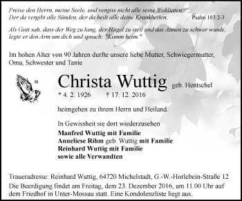 Traueranzeige von Christa Wuttig von Trauerportal Echo Online