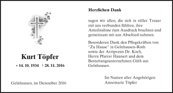 Traueranzeige von Kurt Töpfer von  Gelnhäuser Tageblatt