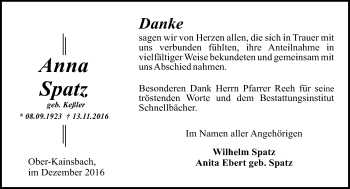Traueranzeige von Anna Spatz von Trauerportal Echo Online