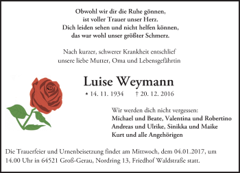 Traueranzeige von Luise Weymann von Trauerportal Echo Online